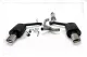 Simons Duplex sports exhaust system constructed from chrome steel. Two black rear mufflers with polished, oval 90/120 mm chrome tailpipes. Also includes connecting pipes made of bare metal, as well as clamps and mounts on a white background.