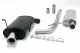 Product image of a Simons sports exhaust system. A black rear silencer with a 100mm chrome steel tailpipe can be seen, as well as a silver middle silencer, a pipe, clamps and adapter pieces. The accessories are on a white background.