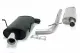 Two silencers, a pipe and two clamps can be seen on a white background. On the left a black muffler with a round, silver tailpipe, on the right a silver muffler. Pipe bent, clamps round. Sports exhaust Simons for Peugeot.