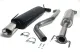 Complete Simons sports exhaust kit with 3 main parts and mounts: left black rear silencer with oval 90/120 mm chrome steel tailpipe, center S-shaped stainless pipe, right front silencer. Below: 2 clamps + 2 screws.