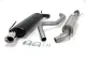 Simons Sports exhaust system for SAAB 9-5: black rear silencer with a shiny, oval chrome tailpipe. Includes a curved connecting pipe and an elongated front silencer made of chrome steel, as well as mounting hardware.