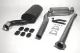 Simons Chrome steel sports exhaust system on a white background: black rear silencer with a shiny 90 mm tailpipe, silver mid-silencer, and two chrome steel pipe sections. Mounting hardware: 6 rubber mounts, 2 clamps, mounting bracket.