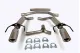 Simons Duplex sports exhaust system made of polished stainless steel on a white background. Two rear mufflers, each with a round 100 mm tailpipe, connecting pipes, a Y-manifold, and six mounting clamps, arranged ready for installation.