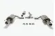 Simons stainless steel duplex sports exhaust system, disassembled on a white background. Two polished mufflers with round 100-mm tailpipes, curved and straight connecting pipes including a Y-piece, and four mounting clamps.