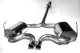 Silver Simons stainless steel sports exhaust for Mini Cooper S R53 with two round tailpipes (2x 80 mm). The exhaust system is mounted on a white surface, connected by Y-shaped pipes. Two silencers are mounted on the side.
