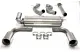 On a white background is a Simons duplex sports exhaust made of stainless steel for a Mazda 3 MPS MK2. Two tailpipes, pipes, a silencer and five pipe clamps can be seen. The exhaust parts are shiny silver.