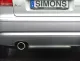 Close-up of the rear of a silver Audi A3 (8P) with a Simons stainless steel sports exhaust. The tailpipe is 1x100 mm and the license plate reads "Simons".