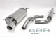 A Simons stainless steel sports exhaust system for Audi TT 8N can be seen on a white background. It consists of an elongated silencer with tailpipe, a curved pipe section and fastening materials such as clamps and seals.