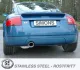 Rear view of a blue Audi TT 8N with rear spoiler. The focus is on the Simons stainless steel sports exhaust with a single, round tailpipe. License plate with "Simons" lettering. A logo with the inscription "Stainless Steel" at the bottom of the picture.