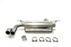 A Simons stainless steel sports exhaust system is set against a white background. It consists of a rear silencer, a twin tailpipe with a diameter of 2x 80 mm, a connecting piece and four pipe clamps. The system is shiny and made of stainless steel.