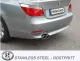 Rear view of a silver BMW 5 Series E60 sedan. Visible are the taillights, the rear bumper, and two round stainless steel tailpipes from the Simons sports exhaust system. The license plate bears the name "Simons".