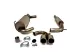 Disassembled Simons stainless steel sports exhaust system with two mufflers and a Y-pipe, ending in two shiny round 80mm tailpipes. Includes clamps and connectors made of sturdy stainless steel, shown on a white background.