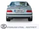 Rear view of a silver BMW E36 with Simons sports exhaust system. Twin pipe end pieces visible under the bumper. License plate "Simons" attached. Vehicle with rear spoiler. Logo for stainless steel quality visible.