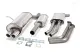 Stainless steel sports exhaust system from Simons for BMW E46. Three polished mufflers and pipes lie on a white background. Various pipe clamps are in the foreground. The tailpipes are 70mm each.