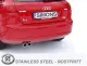 Rear view of a red A3 Sportback with Simons license plate and 2x80mm stainless steel sports exhaust system. The exhaust has two polished tailpipes. At the bottom of the picture you can see the logo for stainless steel and "Stainless Steel - Rostfritt".