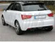 Rear view of a white Audi A1 with black roof. You can see the rear lights, the Audi logo, license plate and the Simons stainless steel sports exhaust system with 2 tailpipes (2x80mm).