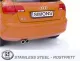 Rear view of an orange Audi A3 Sportback. Two round, silver tailpipes of the stainless steel sports exhaust system can be seen below the license plate with the Simons logo. The "Stainless Steel" logo is at the bottom of the picture.