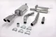 Stainless steel sports exhaust system from Simons, consisting of two silencers, various pipes, connectors and clamps. The tailpipes have a 2x80mm design. The set is mounted on a white base.