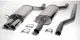 Exhaust pipes and rear silencer made of polished stainless steel on a white background. Two rear silencers, one with two 2x80 mm tailpipes, and a pipe section with clamps. Simons Sports exhaust system.