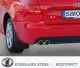 Close-up of the red rear of an Audi A5 with Simons sports exhaust system. The tailpipes are 2x80 mm and made of stainless steel. License plate and rear lights are visible. The car is standing on a flat surface.