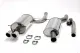 Parts of a Simons stainless steel sports exhaust system can be seen on a white background. Two rear silencers, pipes and four clamps are ready for installation. The system is shiny and new, suitable for Audi S4 Quattro.