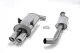 Two Simons stainless steel sports exhaust systems for BMW E36 can be seen on a white background. The one on the left has two tailpipes with a mounting clamp in between. The one on the right has a curved pipe and mounting flange.