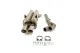 On a white background is a Simons stainless steel sports exhaust system. It consists of two main parts: a rear silencer with twin tailpipes and a pipe section. Fastening materials such as screws and clamps are included.