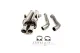 A Simons stainless steel sports exhaust system can be seen on a white background. Two rear silencers with two tailpipes each are on the left, two curved pipes in the middle. Including two pipe clamps and mounting material such as screws, nuts and washers.