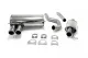 On a white background are components of a Simons stainless steel sports exhaust system. You can see two silencers, pipes and six clamps in different sizes. The tailpipes are double and have a diameter of 80mm.