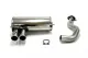 A Simons stainless steel sports exhaust system for a BMW can be seen on a white background. The system consists of a silencer with two tailpipes, a bent pipe section and a pipe clamp. The tailpipes have a diameter of 80 mm.