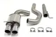 On a white background is a Simons stainless steel sports exhaust system, consisting of a rear silencer with two tailpipes, a connecting pipe, a pipe section and three pipe clamps. The shiny pipes are curved, the tailpipes are circular.