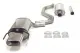 The image shows a stainless steel sports exhaust system from Simons for the SAAB 9-3 Turbo, including tailpipe (85x150 mm, rectangular), piping, muffler, connector, and mounting clamps, on a white background.
