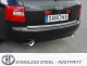 Rear view of a black Audi A6 C5 with duplex sports exhaust system. The tailpipes of the stainless steel exhaust system can be seen on the left and right. The license plate bears the name of the manufacturer: Simons.