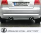Rear view of a silver Audi A3 (8P) with duplex sports exhaust system from Simons. The tailpipes are positioned on the left and right and have a diameter of 100mm. License plate "Simons" is attached. "Stainless Steel" lettering at the bottom.