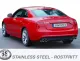 Red Audi A4, rear view. License plate with "Simons". Duplex sports exhaust system L+R, four tailpipes (2x80mm). Below: Stainless steel logo from Simons.