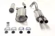 Components of a Simons stainless steel sports exhaust system lie on a white background: rear silencer with 2x70mm tailpipes, middle silencer, pipe connectors, clamps and rubbers. The parts are lying unsorted on the ground.