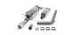 Various parts of a stainless steel sports exhaust system from Simons are shown on a white background. Among other things, you can see two rear silencers, a tailpipe, a connecting piece and several clamps. The exhaust system has a metallic sheen.
