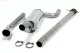 On a white background are three shiny, silver-colored Simons stainless steel exhaust parts and two pipe clamps. An elongated, cylindrical part with a curved pipe, a tailpipe and a long, straight pipe. The pipe clamps are at the bottom of the picture.