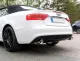Rear view of a white Audi A4 Cabrio with duplex sports exhaust from Simons, with a 100 mm tailpipe on the left and right. The exhaust system is made of stainless steel and has EC approval. The license plate number has been made unrecognizable.