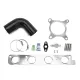 The picture shows a turbocharger upgrade kit for 2.0 TFSI EA888 engines. You can see a black silicone pipe, two hose clamps, springs, screws, gaskets and a mounting plate on a white background.