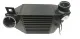 Dark gray all-aluminum intercooler with visible cooling fins. Features two cylindrical connection ports at the ends and welded mounting brackets. Upgrade part, e.g., for the Golf 4/Audi A3 1.8T, for improved intercooler cooling.