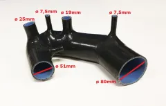 Silicone intake hose for Audi A4, A6 (B5, B6) and Passat 1.8T (150HP–193HP), black, ø 51mm (turbo inlet) and ø 80mm (air mass sensor inlet)
